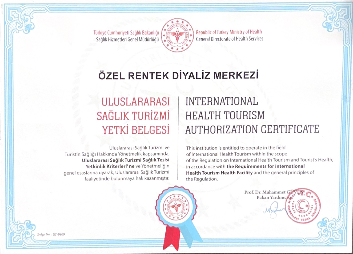 Özel Rentek Diyaliz Merkezi Uluslararası Sağlık Turizmi Yetki Belgesi