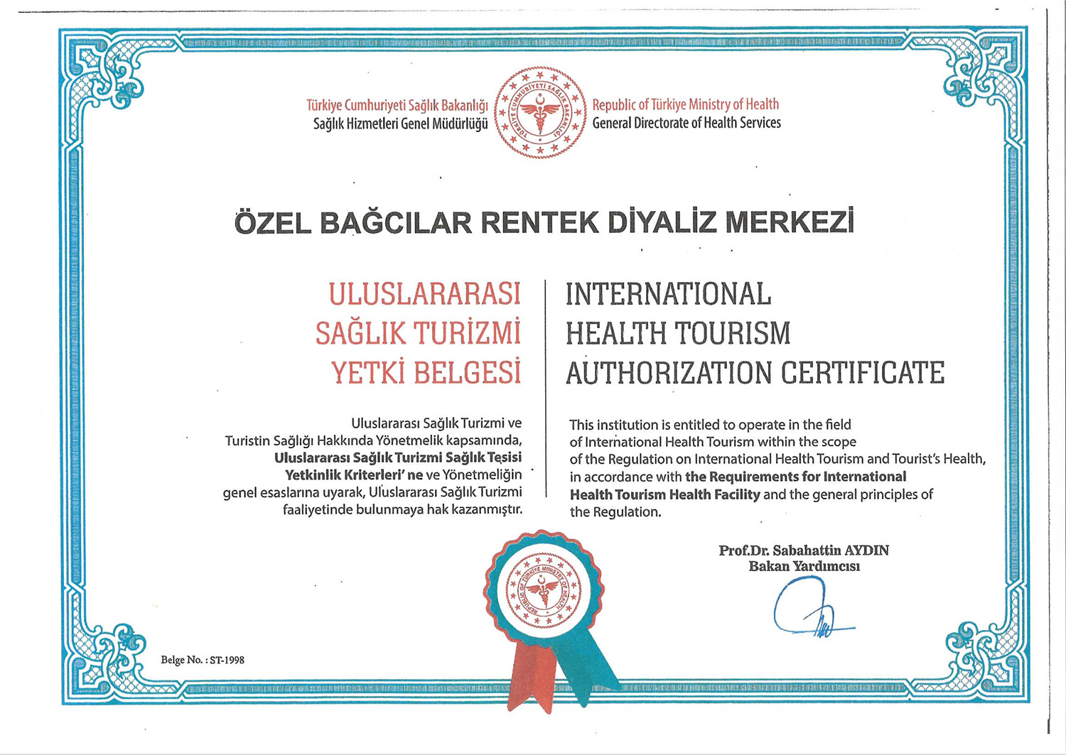 Özel Bağcılar Rentek Diyaliz Merkezi Uluslararası Sağlık Turizmi Yetki Belgesi